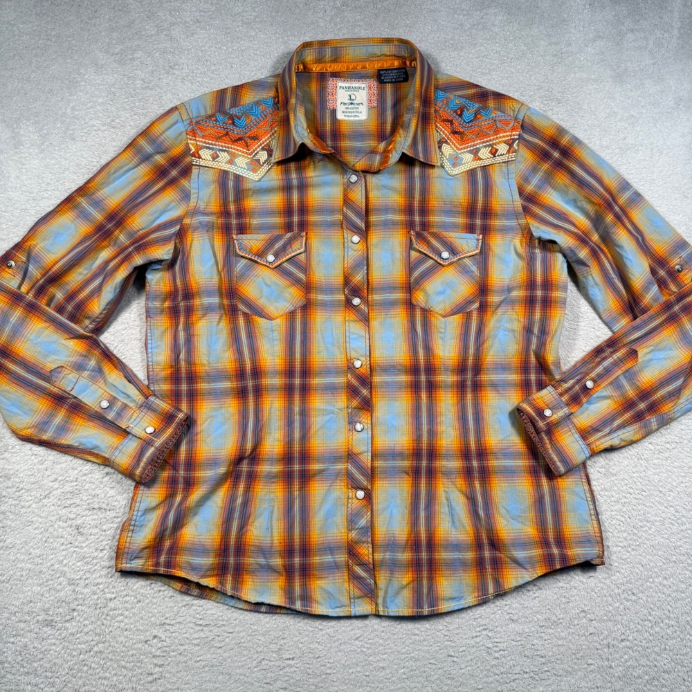 Panhandle Rough Stock Western Shirt Womens L Aztec Plaid Pearl Snap Roll‎ Tab